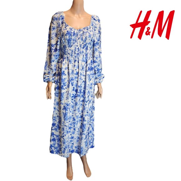 H&M Balloon-sleeved smocked dress NWOT Blue No Size Tag- Small - Picture 1 of 15